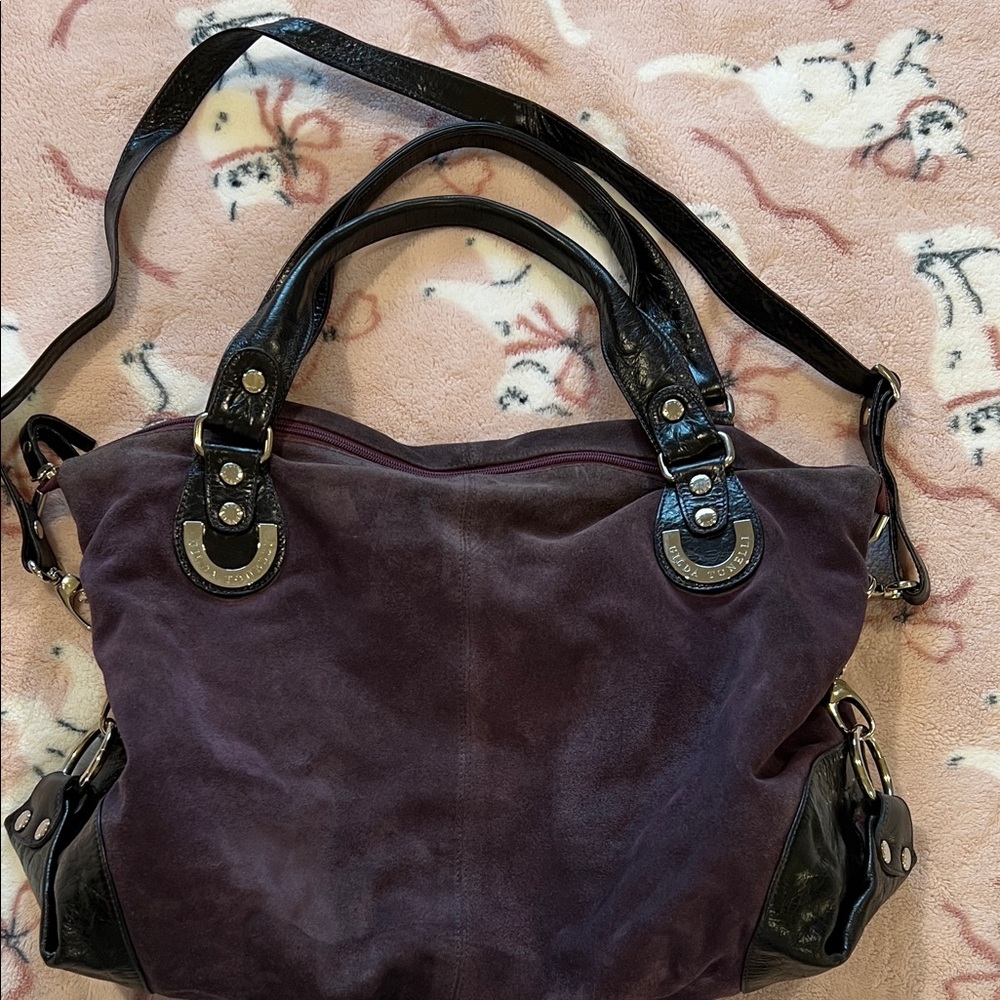Purple suede, Gilda Tonelli Shoulder Bag with black leather handles